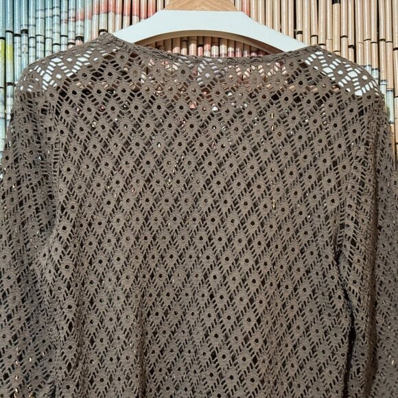 CHICOS Open Lace Mesh Knit 3/4 Sleeve Pullover Top, Taupe Brown, Size 2 - Picture 4 of 12